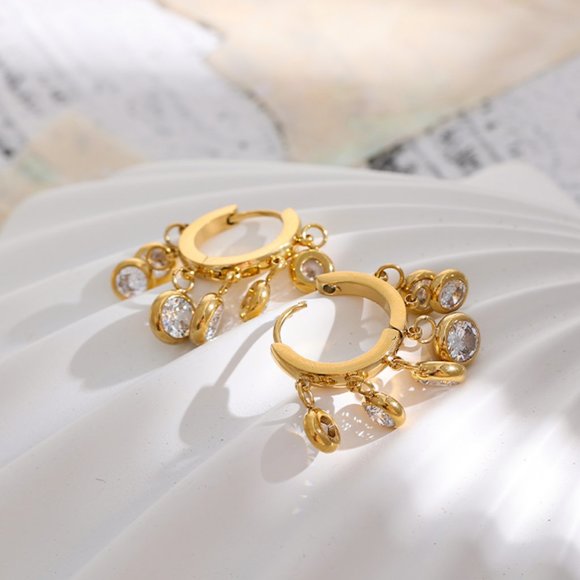 ^NEW 18K Gold Plated Round Diamond Drop Huggie Hoop Earrings - Picture 6 of 9